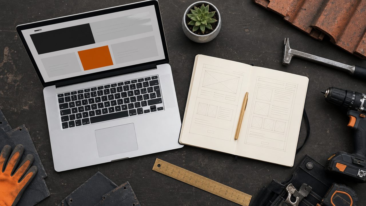 Top-down flat-lay van dakdekker website ontwerpproces met wireframe schetsen