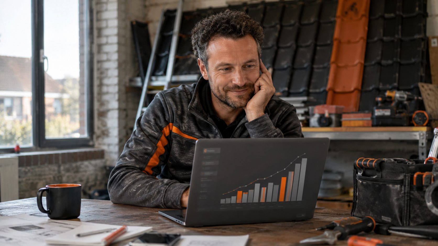 Dakdekkers eigenaar bekijkt review analytics dashboard