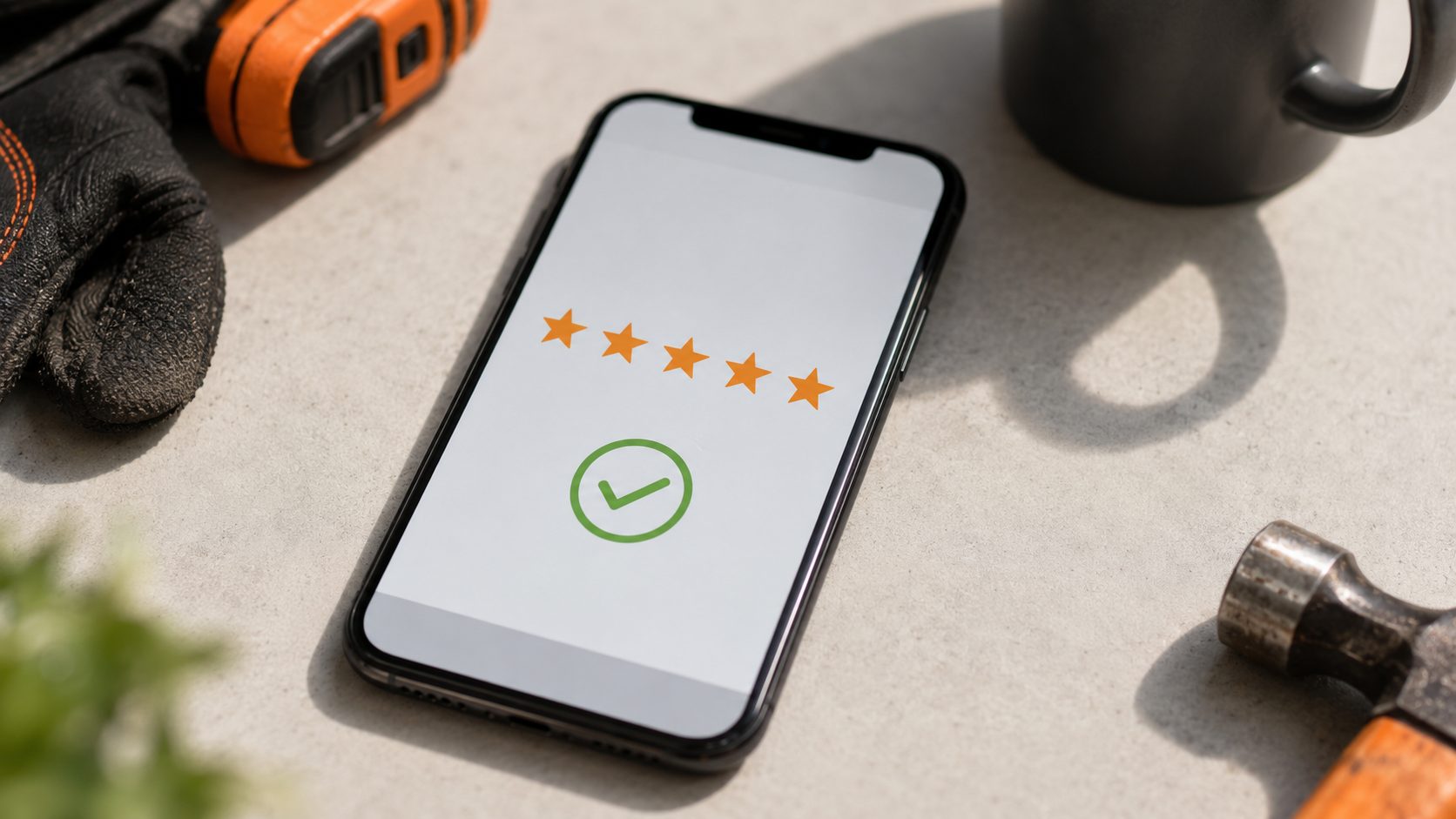 5-sterren review op smartphone — Google review na dakdekker klus