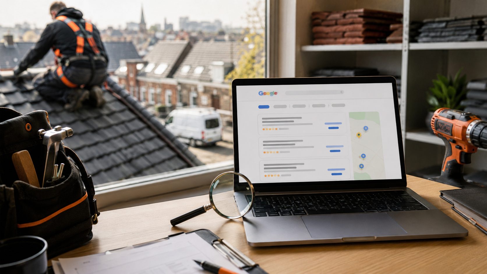 SEO voor dakdekkers — Google ranking dashboard op laptop
