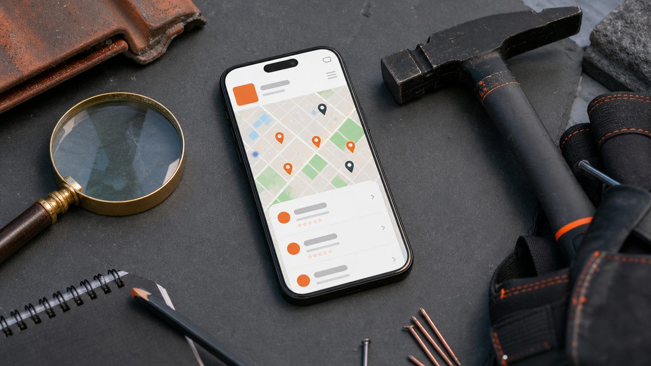 Google Maps listing voor dakdekker-bedrijf op smartphone