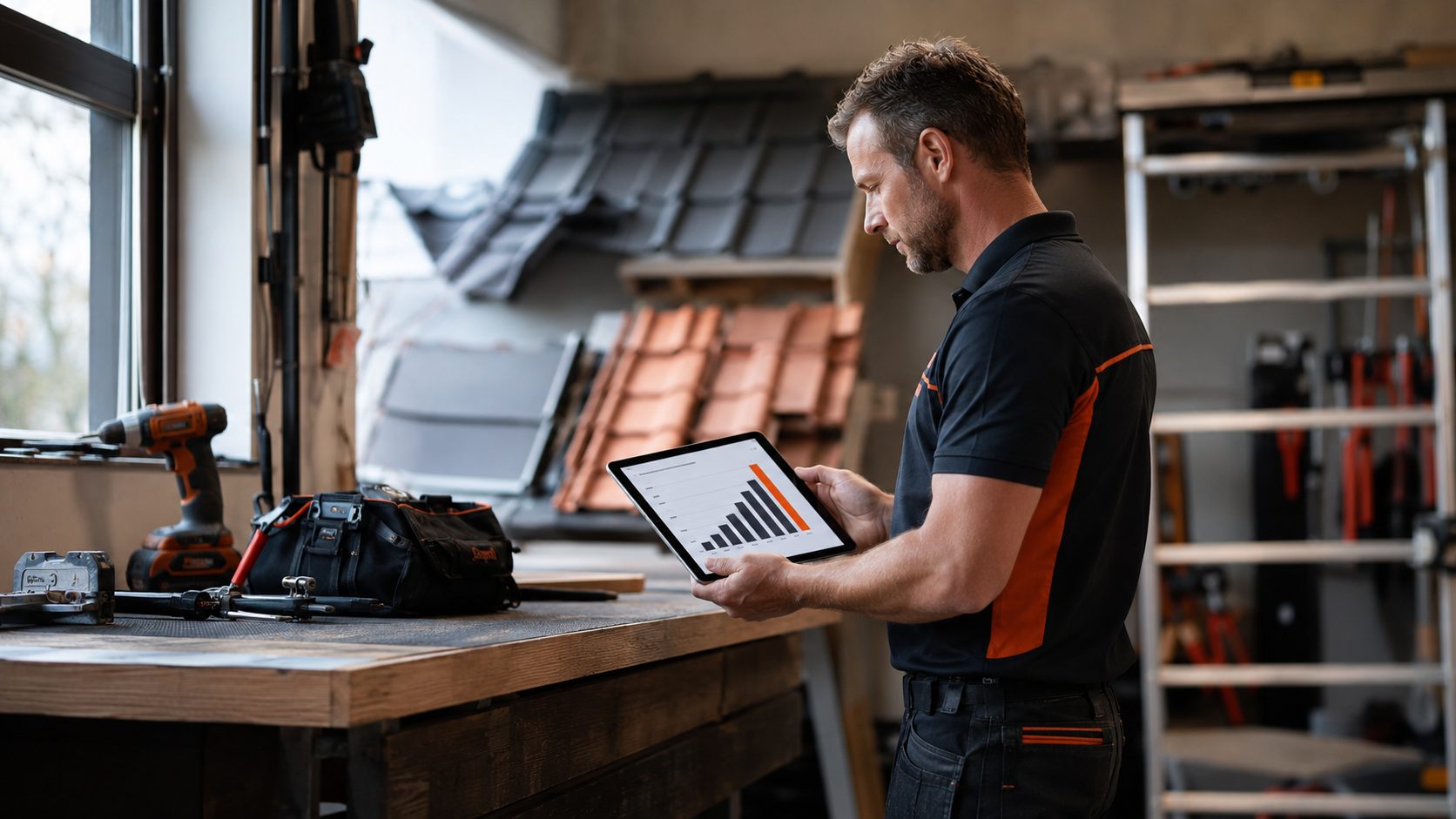 Dakdekker bekijkt SEO ranking-chart op tablet