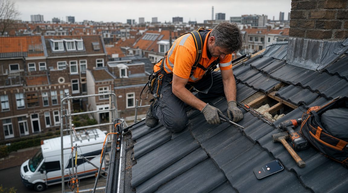Dakdekker werkt terwijl Voice AI binnenkomende oproep beantwoordt